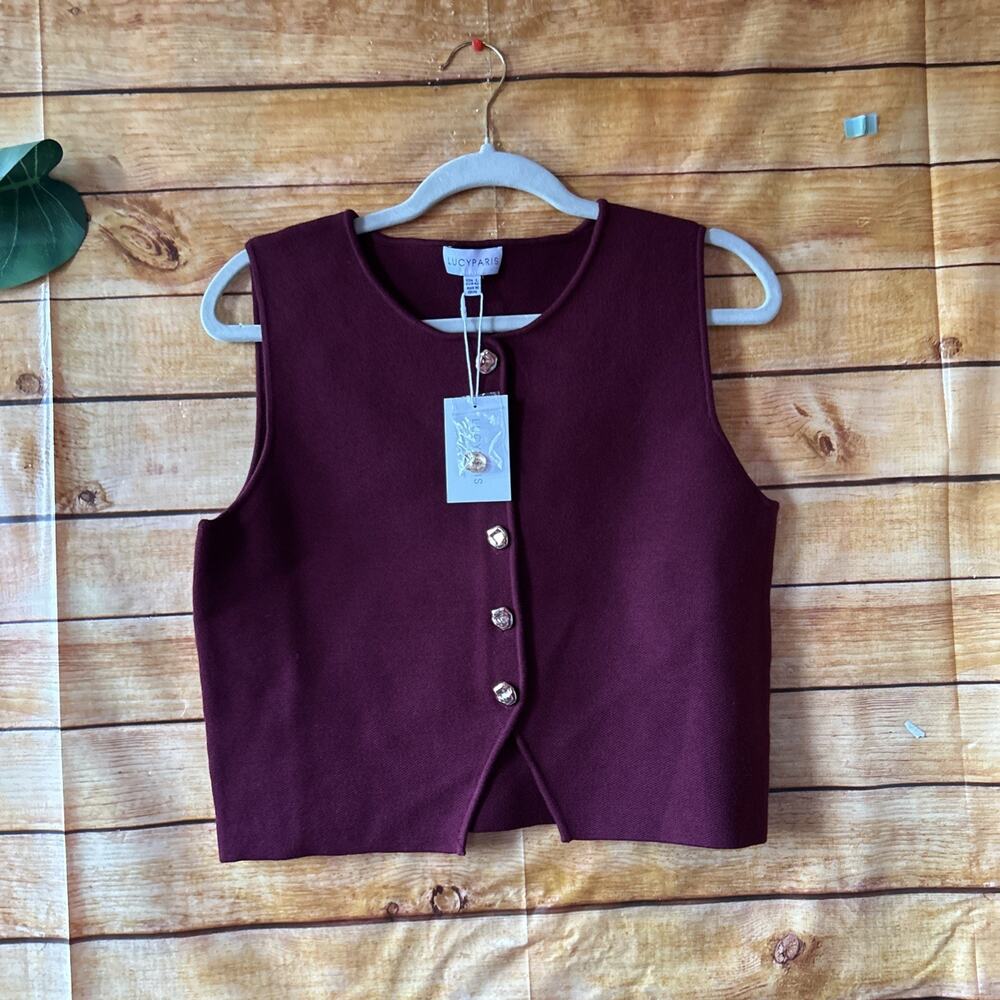Lucy Paris Knit Crew Neckline Sleeveless Button Front Vest Size L NWT $79